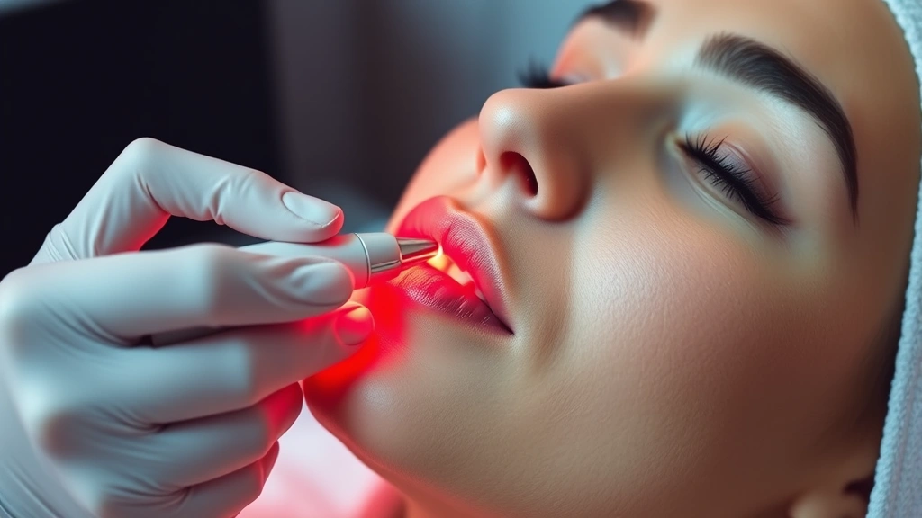 Professional red light therapy pen device being applied to lip area during treatment session, photorealistic image of modern therapeutic equipment in clinical setting, no text or screen displays