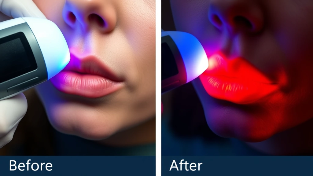 Before and after comparison of cold sore healing progression shown on lips, person receiving red light therapy treatment with professional medical device