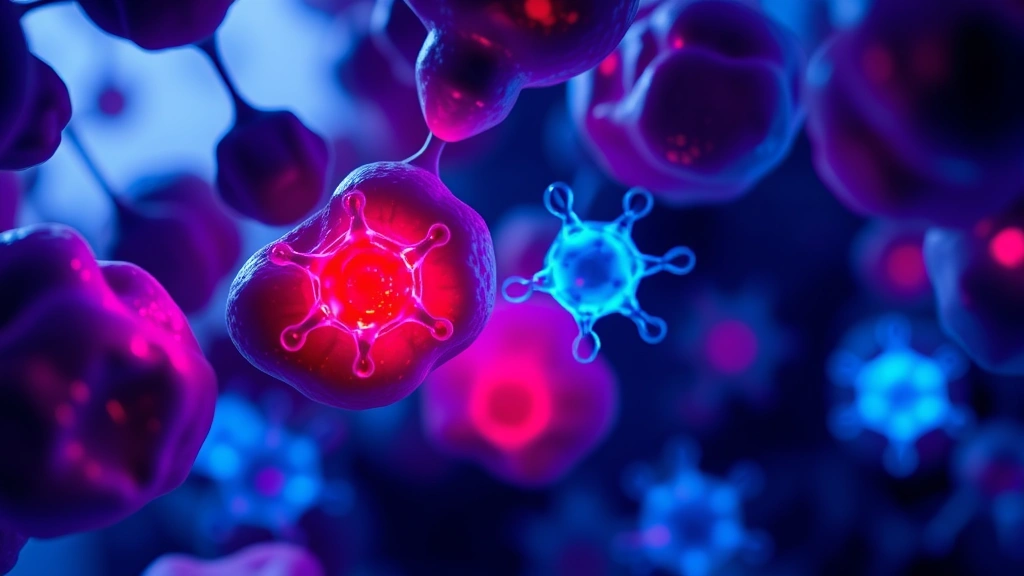 Microscopic view of breast cancer cells with hormone receptors highlighted in bright blue and red, showing receptor-ligand binding interactions, scientific laboratory setting with soft lighting, magnified 400x