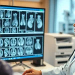 Female oncologist in white coat reviewing breast cancer pathology slides and medical imaging on computer monitor in modern hospital laboratory, professional healthcare environment, warm lighting