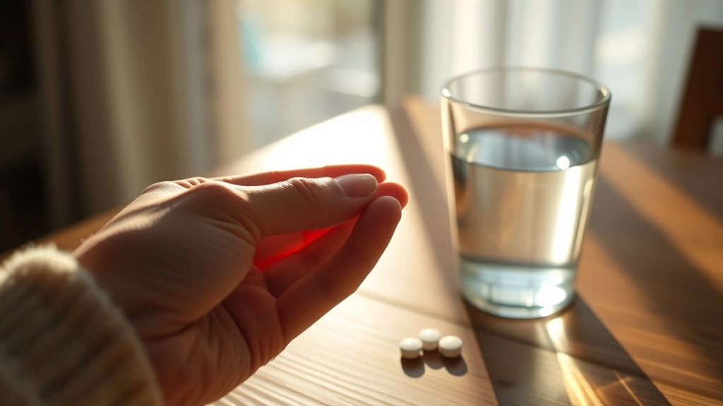 Close-up of a woman's hand holding a medication tablet in morning sunlight, with a glass of water on a wooden table, serene and hopeful medical adherence scene