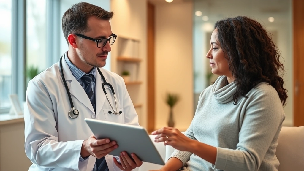 Medical oncologist consulting with breast cancer patient in modern clinic, reviewing treatment options on tablet, compassionate professional setting with warm lighting, diverse patient representation