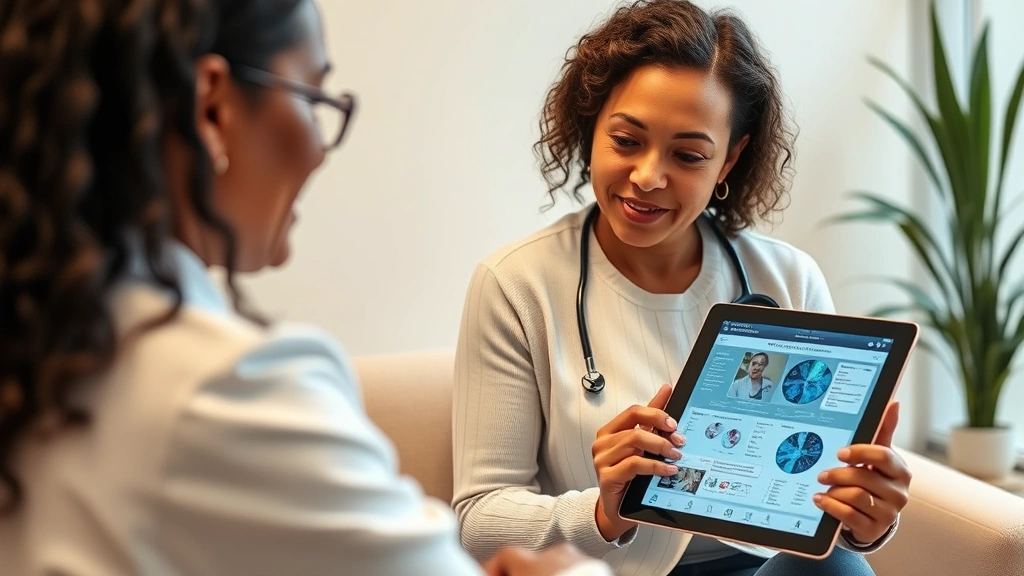Woman in medical consultation room reviewing treatment options with oncologist, both looking at digital tablet with cancer data visualizations, warm professional lighting, diverse representation