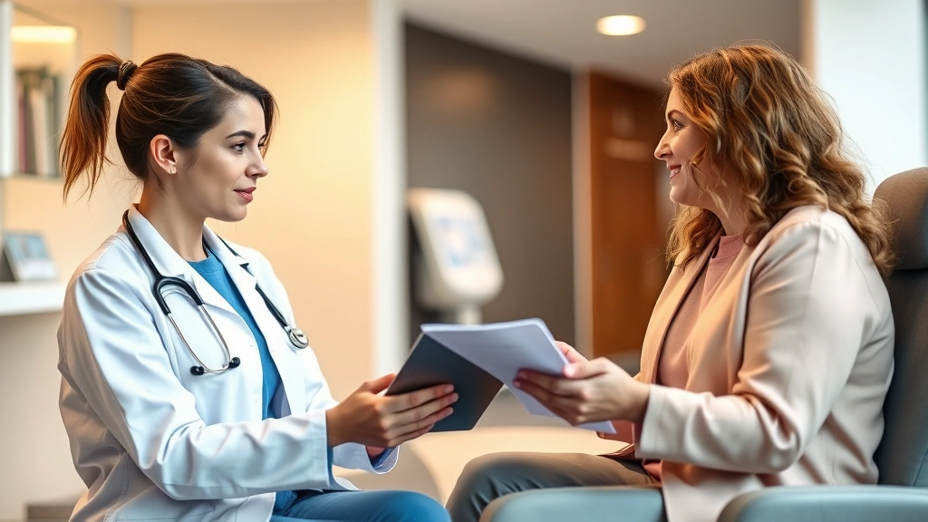 Female oncologist discussing treatment plans with patient in modern clinic, reviewing medical charts on digital tablet, warm professional healthcare environment