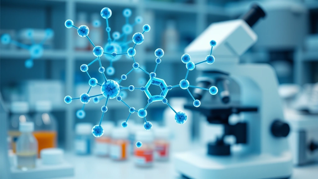 Molecular structure visualization of hormone therapy medications, scientific laboratory aesthetic with blue and white color scheme, microscope and medical samples in soft focus background