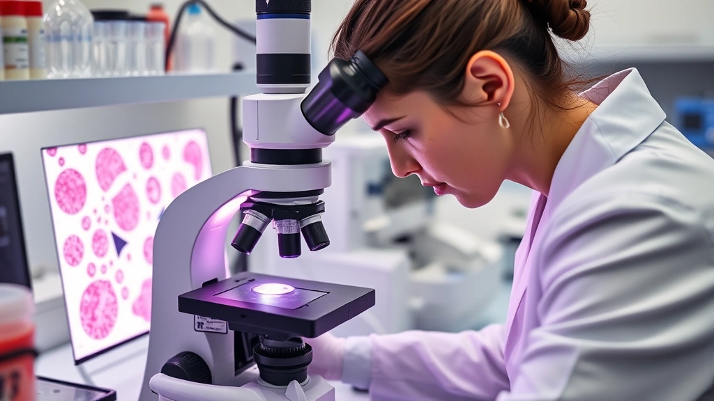 Laboratory scientist examining breast cancer cell samples under microscope with advanced diagnostic equipment, focused research and precision medicine setting
