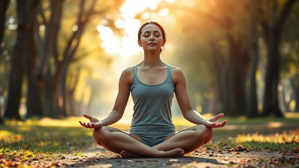 A serene person sitting cross-legged in a peaceful meditation pose outdoors, surrounded by soft natural light filtering through trees, eyes gently closed in mindful awareness, calm expression, photorealistic, no text