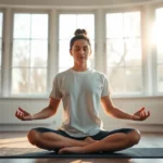A serene person meditating in a modern minimalist room with soft natural sunlight streaming through large windows, demonstrating peaceful mindfulness practice in a contemporary home setting