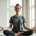 Person sitting in peaceful meditation posture with serene expression, surrounded by soft natural light filtering through windows, calm neutral background, photorealistic wellness environment
