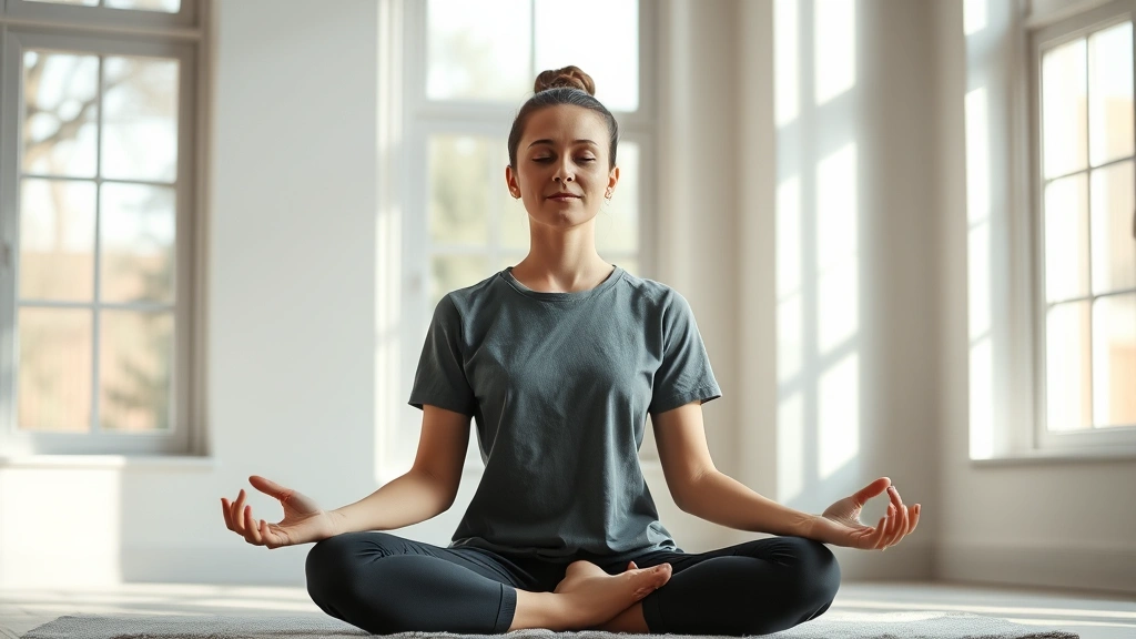 Person sitting in peaceful meditation posture with serene expression, surrounded by soft natural light filtering through windows, calm neutral background, photorealistic wellness environment