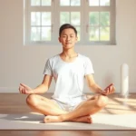 Person sitting cross-legged in serene meditation posture on a mat in a minimalist room with soft natural light streaming through windows, showing peaceful facial expression and calm body language, photorealistic style