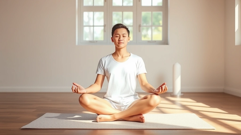 Person sitting cross-legged in serene meditation posture on a mat in a minimalist room with soft natural light streaming through windows, showing peaceful facial expression and calm body language, photorealistic style