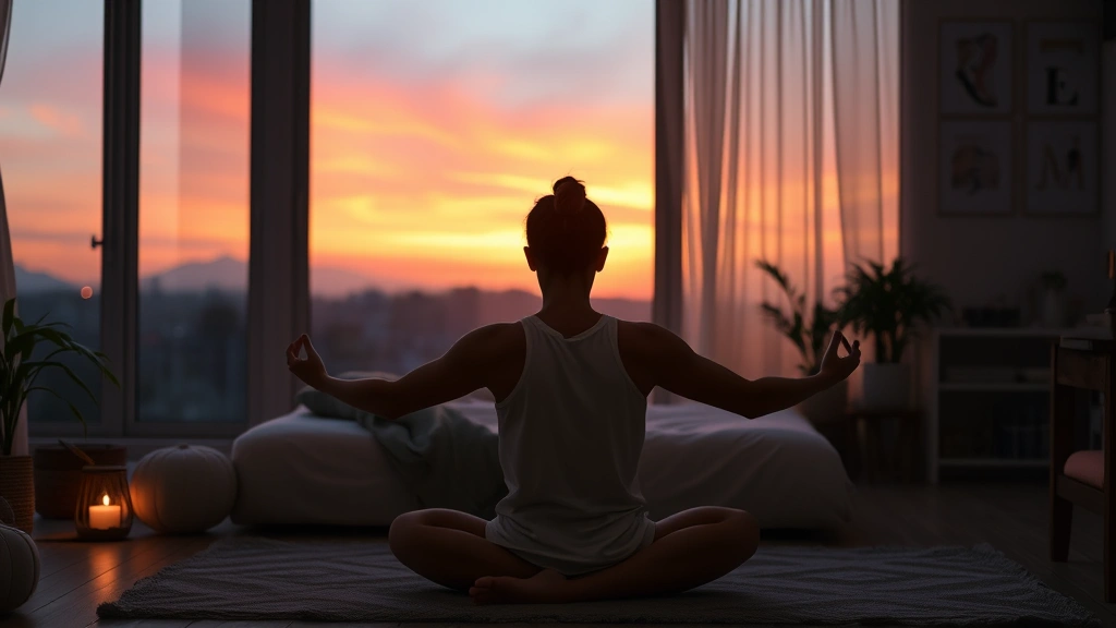 A serene person in meditation pose during twilight, soft warm lighting, peaceful bedroom environment with minimal furnishings, photorealistic calming atmosphere