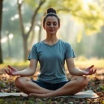 Person sitting peacefully in lotus position during meditation in a serene natural setting with soft morning light filtering through trees, showing calm facial expression and relaxed posture