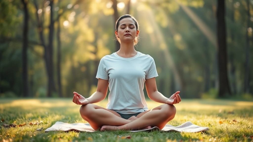 Person in peaceful meditation pose sitting cross-legged on a cushion in a serene natural environment with soft morning light filtering through trees, calm expression, eyes closed, professional wellness photography