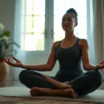 Close-up of a person meditating in lotus position with serene facial expression, soft natural window lighting, peaceful indoor setting, photorealistic, calming atmosphere