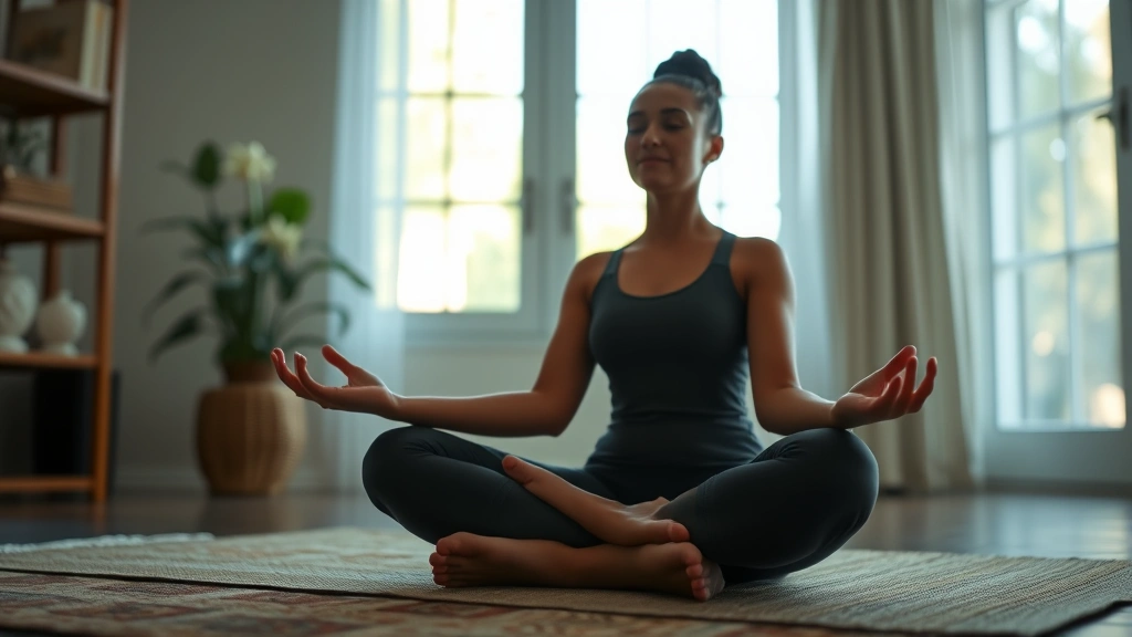 Close-up of a person meditating in lotus position with serene facial expression, soft natural window lighting, peaceful indoor setting, photorealistic, calming atmosphere