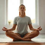 Person sitting cross-legged in peaceful lotus position, eyes gently closed, serene expression, soft natural window lighting, minimalist modern room with plants, early morning atmosphere, photorealistic calm meditation scene