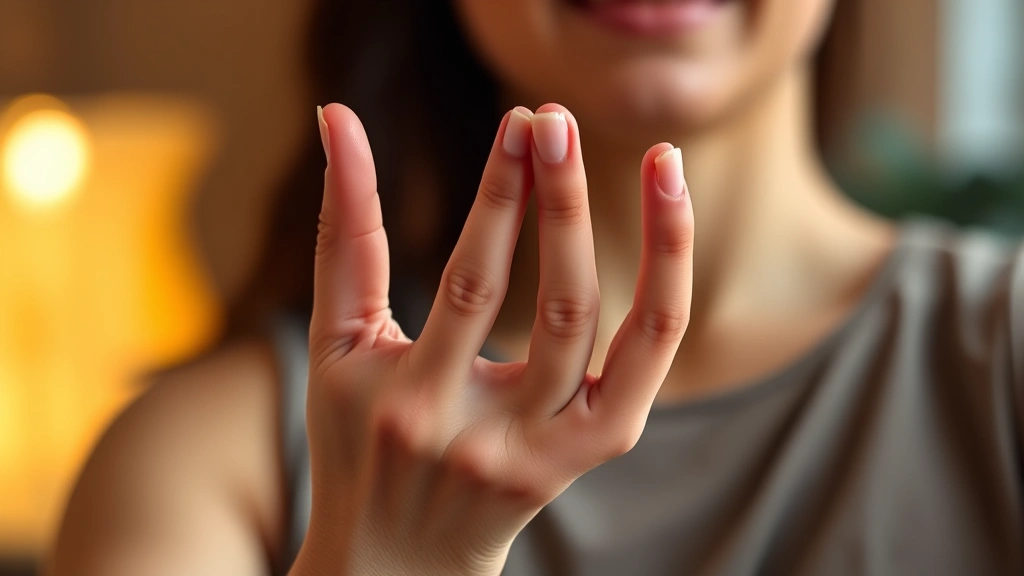 Close-up of hands in a mudra position during meditation with soft warm lighting, person's face partially visible showing peaceful expression, tranquil atmosphere, photorealistic wellness imagery, no text
