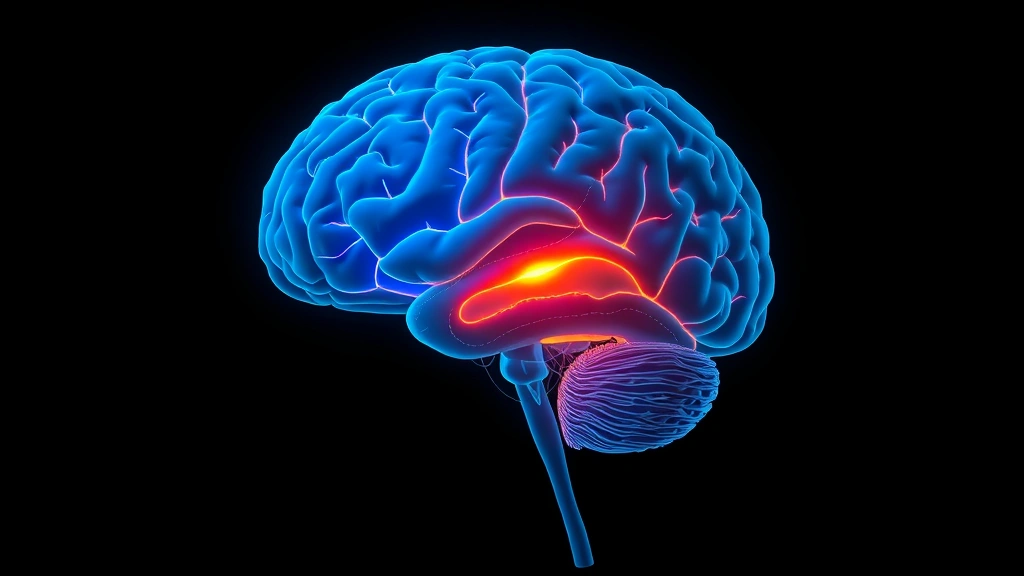 Cross-section visualization of human brain with highlighted prefrontal cortex and amygdala regions glowing in blue and orange, neural pathways visible, dark background, scientific illustration style, photorealistic rendering