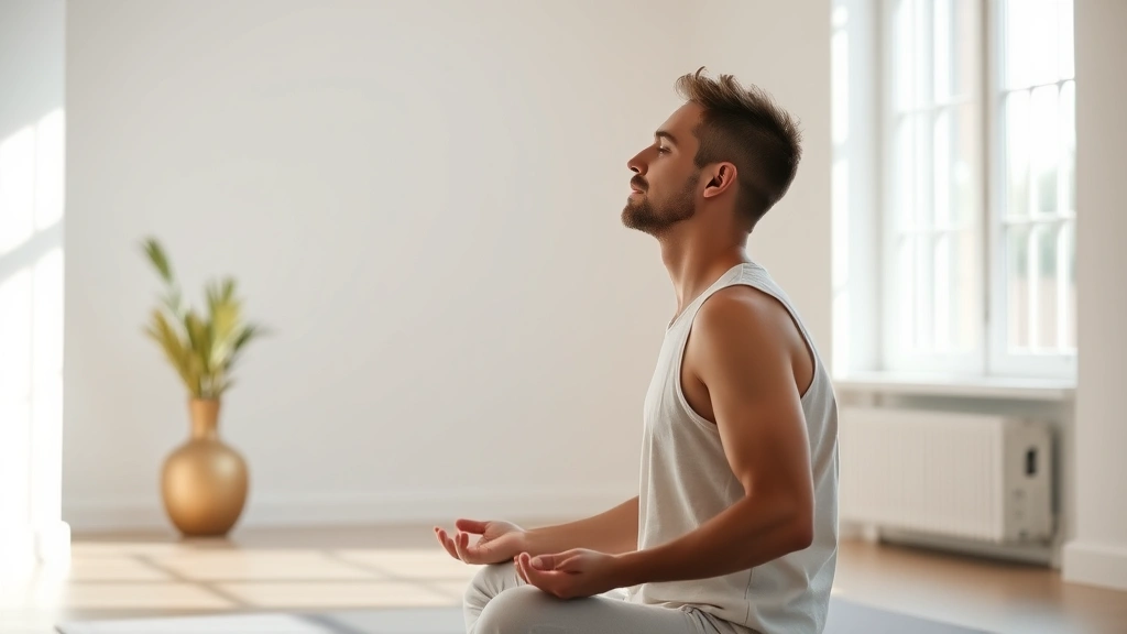 Person practicing slow breathing exercises in a bright, minimalist room with natural window light, sitting upright with relaxed shoulders, serene demeanor, therapeutic environment, photorealistic, no text
