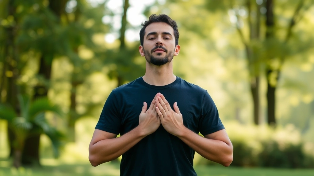 Individual practicing mindful breathing outdoors, hands on chest, peaceful natural setting with trees and soft daylight, demonstrating stress reduction technique authentically