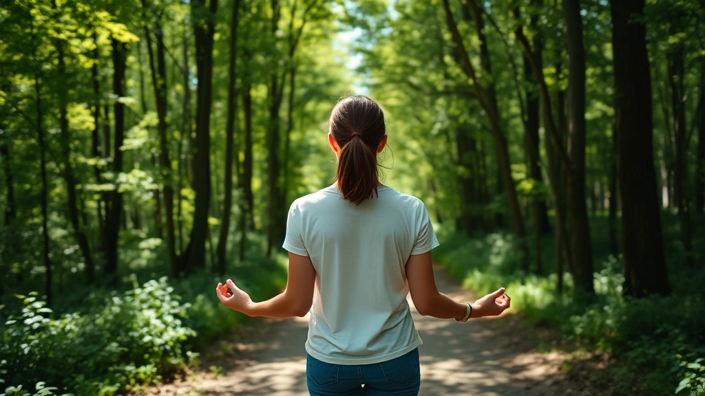 Woman doing mindful walking on a forest path surrounded by green trees and dappled sunlight, peaceful expression, from behind perspective, natural daylight, wellness lifestyle photography