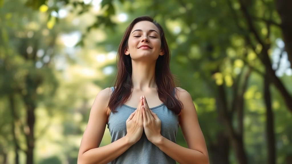 Woman practicing mindful breathing outdoors in nature, hands on chest, eyes closed peacefully, surrounded by green trees and soft sunlight filtering through leaves, photorealistic calm expression