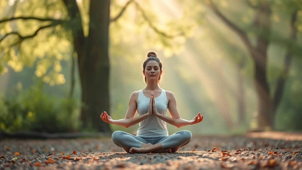 A serene person meditating in a peaceful natural setting with soft morning light filtering through trees, embodying tranquility and mindfulness practice