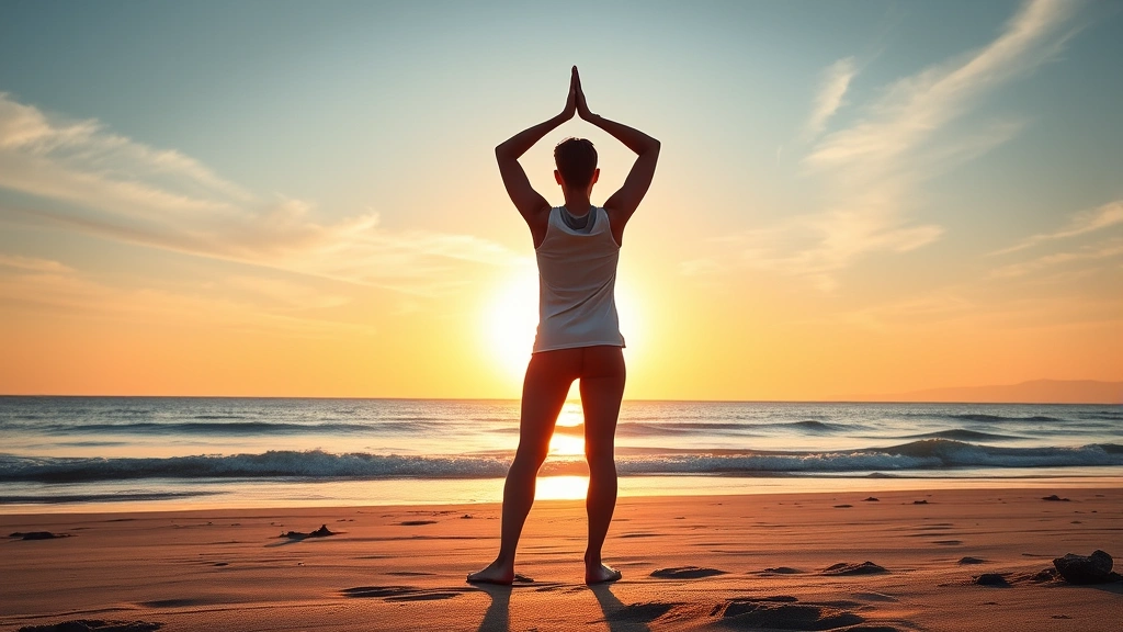 A person practicing mindful yoga outdoors on a peaceful beach at sunrise, demonstrating embodied mindfulness and integrated mind-body wellness practices