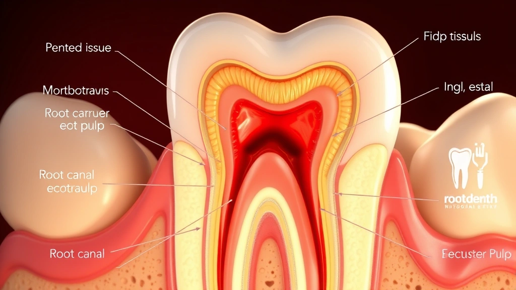 Close-up cross-section diagram of a tooth showing inflamed pulp tissue and root canal anatomy, photorealistic medical illustration with warm lighting, no text labels