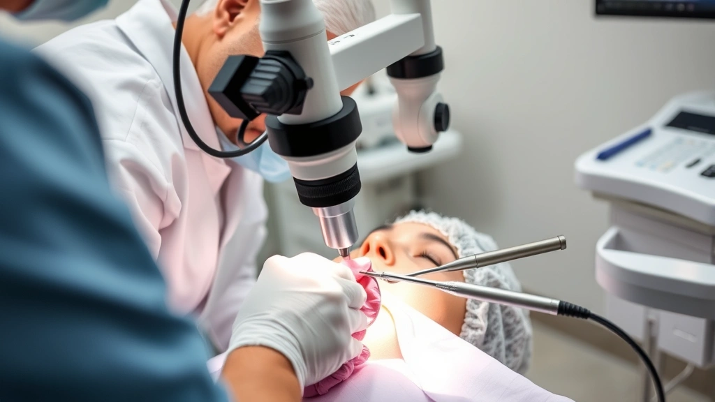 Patient in dental chair receiving root canal treatment with endodontist using microscope and rotary instruments, clinical setting, professional lighting, detailed instrumentation visible