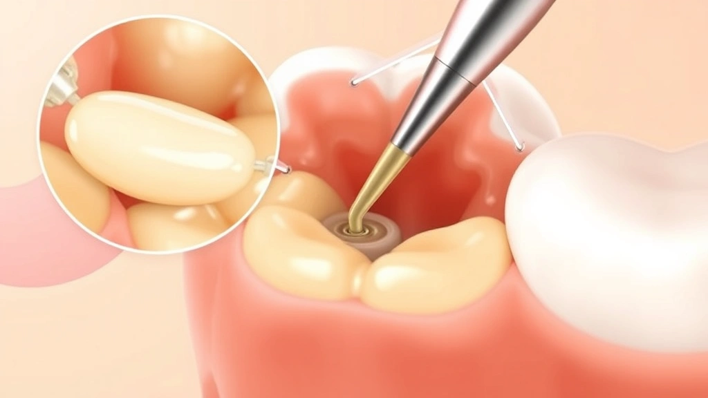 Detailed illustration of gutta-percha filling material being inserted into root canal system, magnified view showing biocompatible filling process, warm neutral background, no text