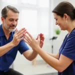Therapist guiding patient through gentle hand and wrist range of motion exercises in a bright clinical setting, patient seated comfortably, showing controlled movement with supportive touch