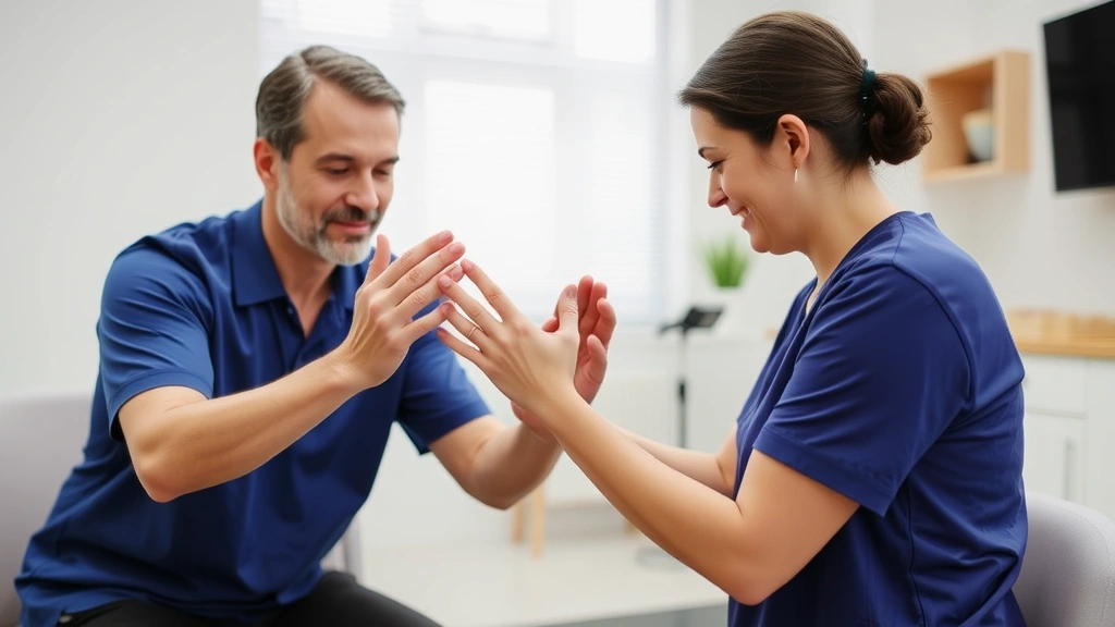 Therapist guiding patient through gentle hand and wrist range of motion exercises in a bright clinical setting, patient seated comfortably, showing controlled movement with supportive touch
