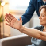 Physical therapist guiding patient through gentle hand and wrist range-of-motion exercises, patient sitting comfortably with affected arm extended, warm lighting, therapeutic setting