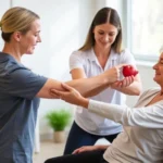 Physical therapist guiding patient through gentle arm range of motion exercises, patient seated comfortably, modern clinical setting with exercise equipment visible, natural lighting, focused and supportive interaction