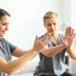 Physical therapist guiding patient through gentle hand and wrist range-of-motion exercises in a bright clinical setting, demonstrating proper form and alignment