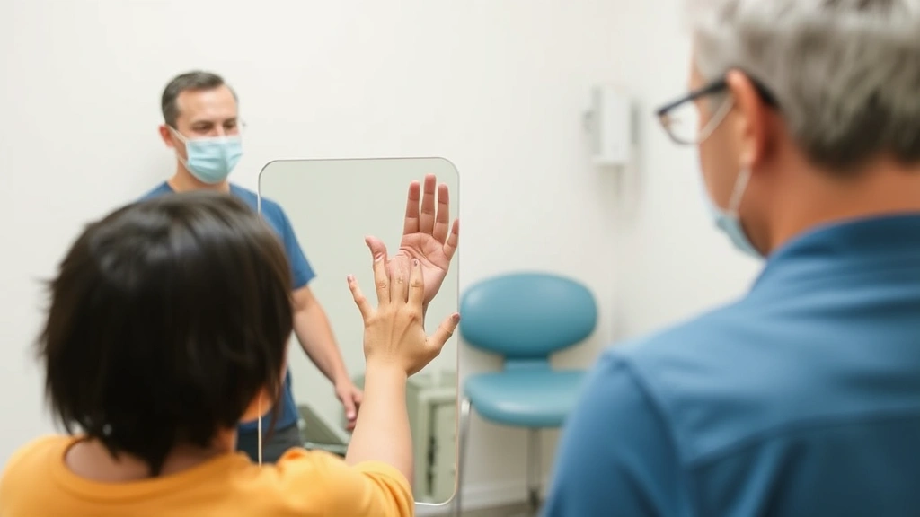 Patient performing mirror therapy for hand rehabilitation, mirror positioned at center, unaffected hand visible, affected hand hidden, therapeutic clinical environment with neutral background