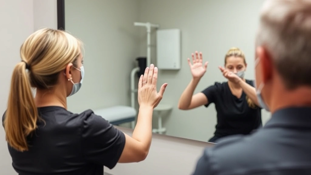 Mirror therapy setup showing patient viewing reflection of unaffected limb in mirror while performing hand exercises, clinical rehabilitation environment, professional medical setting, clear demonstration of mirror position