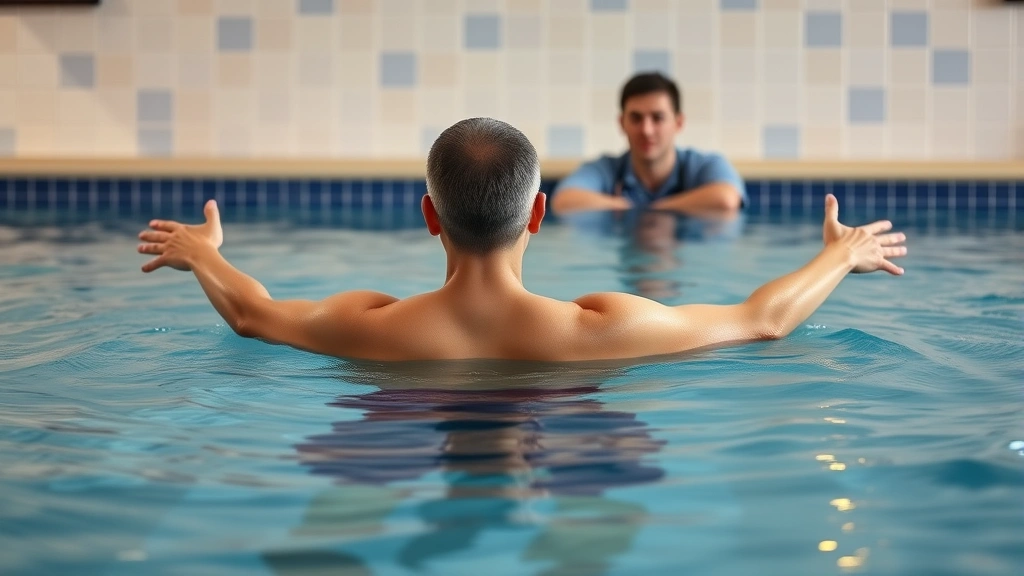 Patient performing aquatic therapy in a warm therapy pool, partially submerged, moving arms through water with visible water ripples, professional setting