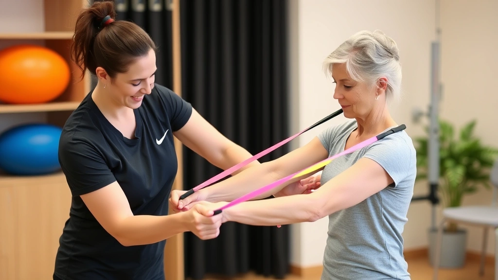 Physical therapist assisting patient with progressive strengthening exercises using resistance bands, focusing on controlled movement patterns, encouraging posture, clinical rehabilitation setting
