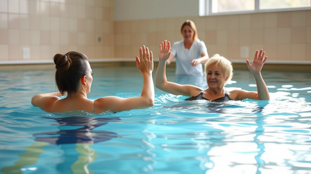 Water aerobics session with patient performing low-impact exercises in therapeutic pool, buoyant movement, peaceful aquatic environment, therapist assisting in background, natural pool lighting
