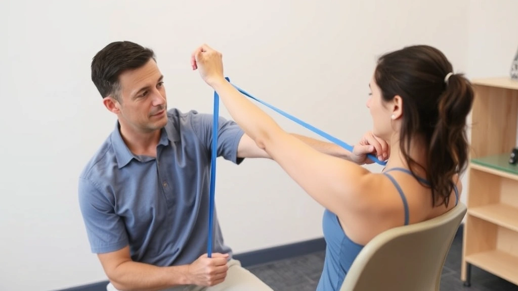 Patient using resistance band for progressive strengthening exercises on affected arm, seated position, showing proper posture and band tension control