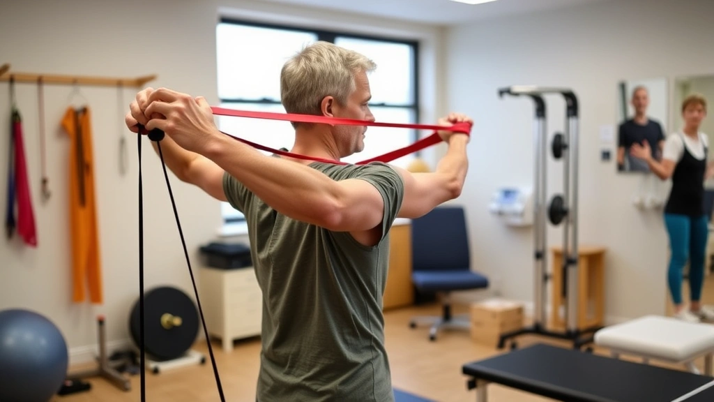 Patient using resistance bands for progressive strengthening, controlled movement through pain-free range, focused expression, bright clinical therapy room with equipment