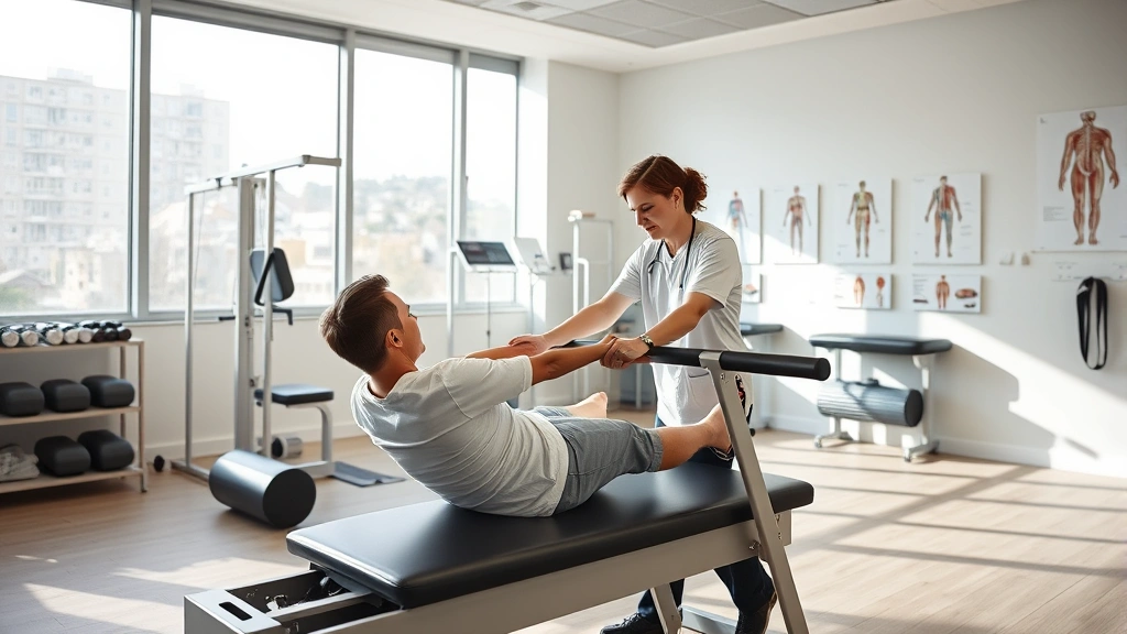 Modern physical therapy clinic with therapist assisting patient on exercise equipment, bright natural lighting, contemporary rehabilitation facility with anatomical charts on walls