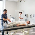 Modern physical therapy clinic with therapist treating patient on treatment table, bright natural lighting, contemporary equipment visible, diverse patient and therapist, clinical professional setting