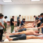 Diverse group of physical therapy students practicing hands-on manual therapy techniques in a bright clinical laboratory with anatomical models and treatment tables