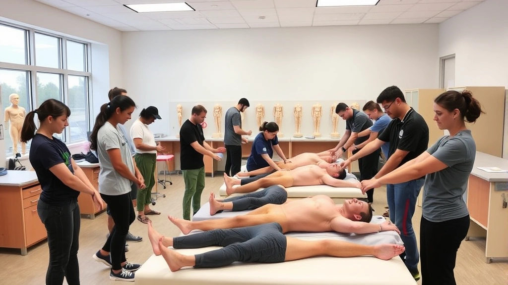 Diverse group of physical therapy students practicing hands-on manual therapy techniques in a bright clinical laboratory with anatomical models and treatment tables