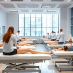 Modern university physical therapy laboratory with students practicing manual therapy techniques on treatment tables, bright natural lighting, contemporary healthcare facility architecture, students wearing white coats working with anatomical models, professional clinical environment